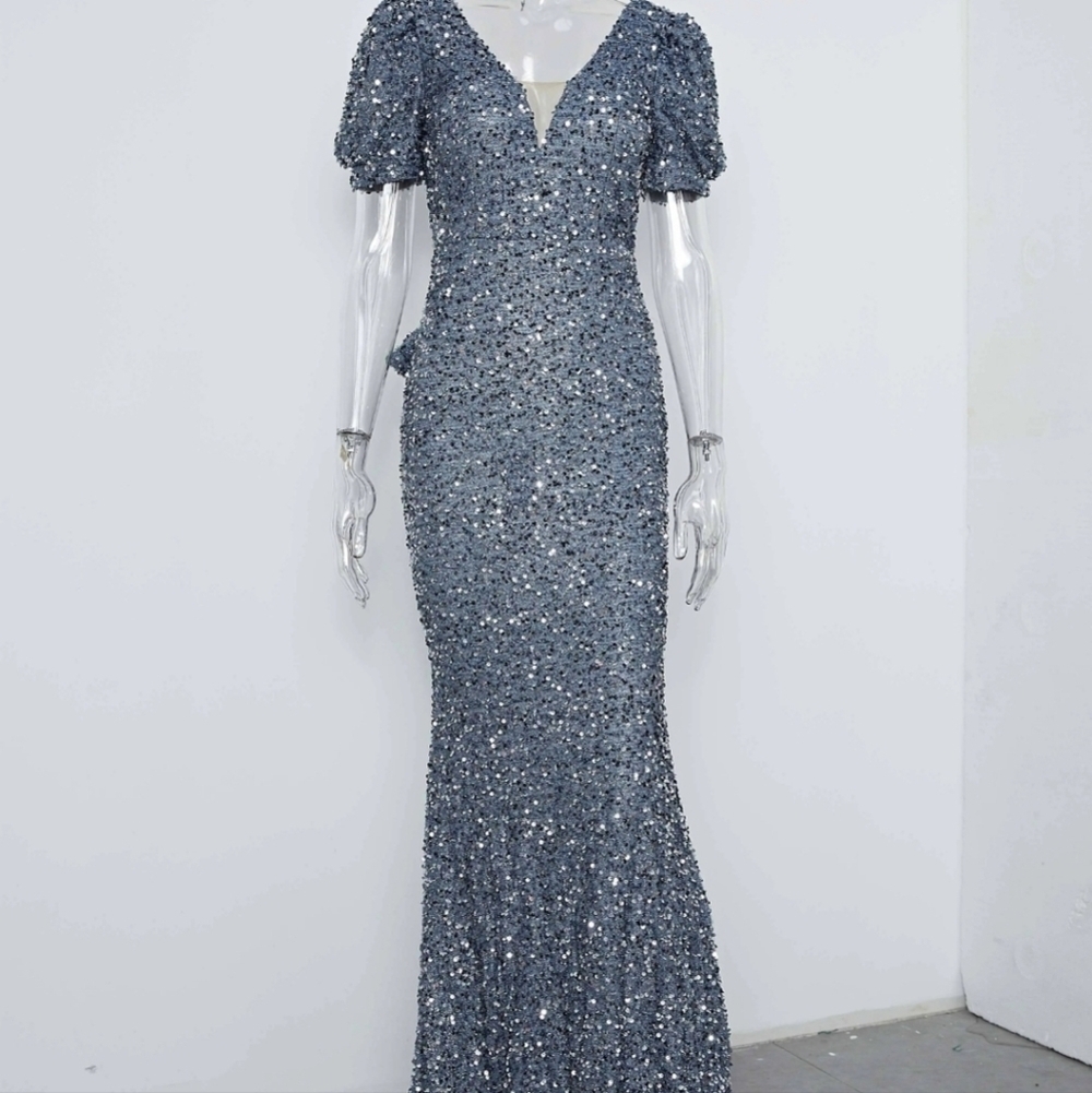 Dusty Blue, Puff Sleeve,  Big Bow, Contrast Sequined and Mesh Mermaid Gown - Picture 13 of 14